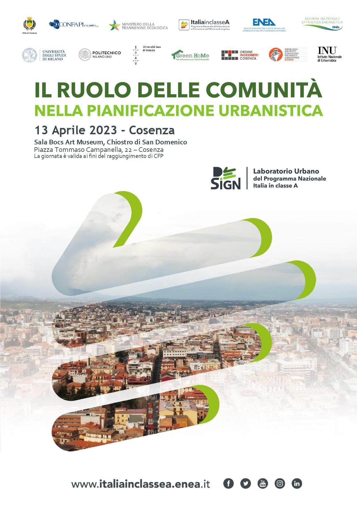 La locandina della giornata formativa "Il ruolo delle comunità nella partecipazione urbana" in programma il 13 aprile a Cosenza con il logo della Campagna Italia in Classe A e quello dei soggetti che vi partecipano