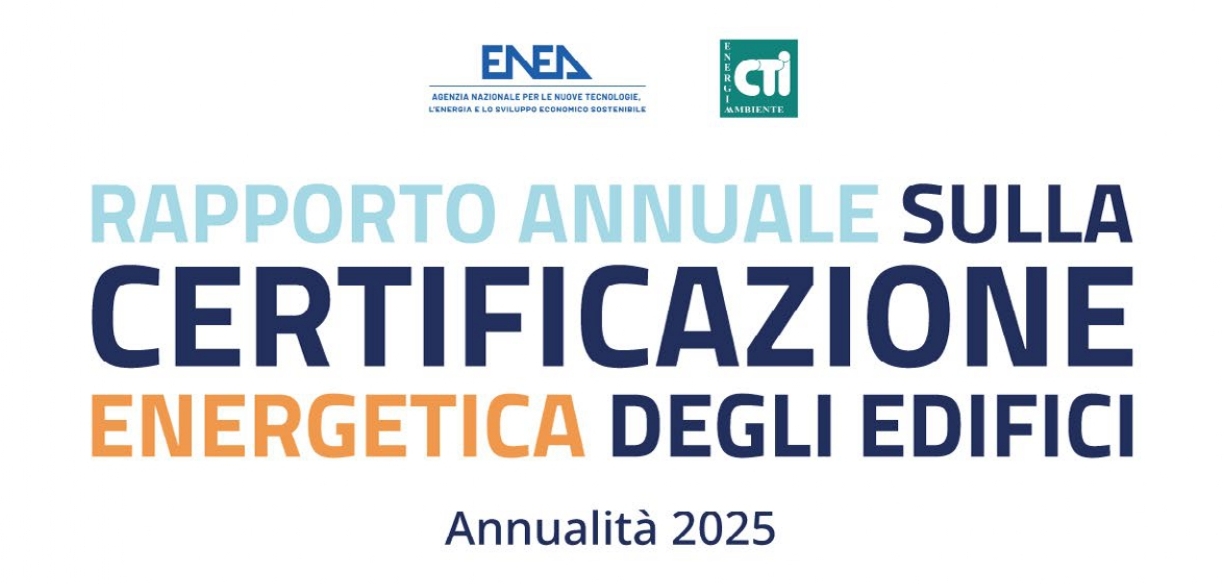 La parte superiore della copertina del "Rapporto Annuale sulla Certificazione Energetica degli Edifici 2025" sormontata dai loghi di ENEA e CTI