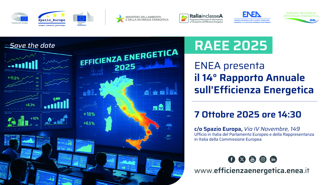La locandina dell'evento di presentazione del RAEE 2025 con la data del 7 ottobre 2025 e i loghi di ENEA, MASE e delle altre istituzioni coinvolte 