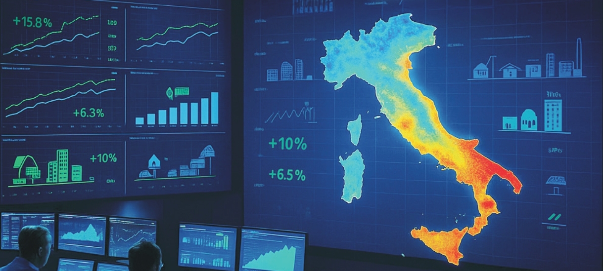 Un'immagine stilizzata dell'Italia con a destra alcuni simboli che richiamano l'efficienza energetica