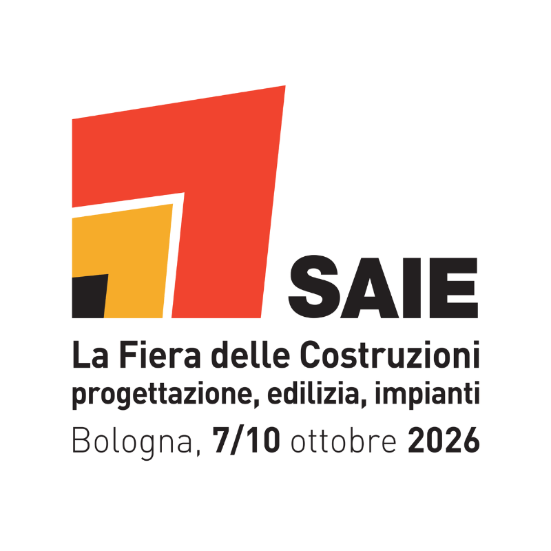 Logo ufficiale di SAIE composto da un simbolo geometrico rosso, arancione e nero e dalla scritta "SAIE". Sotto il logo compare il testo: "La Fiera delle Costruzioni - progettazione, edilizia, impianti". In basso è riportata la sede e la data dell'evento: "Bologna, 7/10 ottobre 2026"