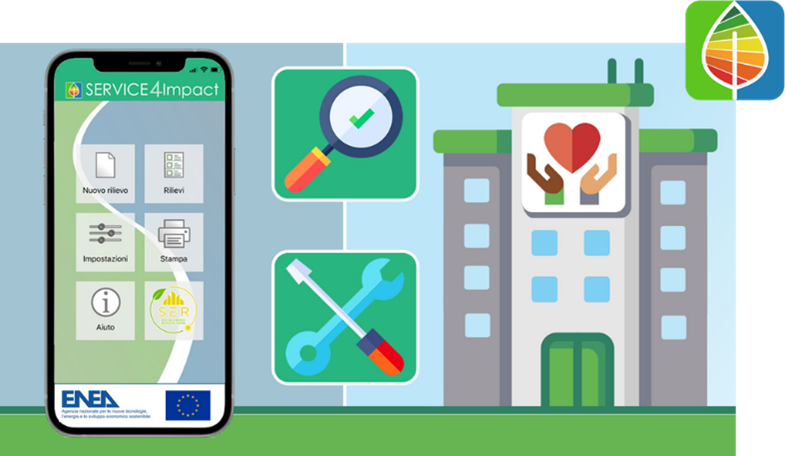 Un'immagine stilizzata del tool SERVICE4Impact per la diagnosi energetica degli edifici con i loghi di ENEA e dell'Unione Europea