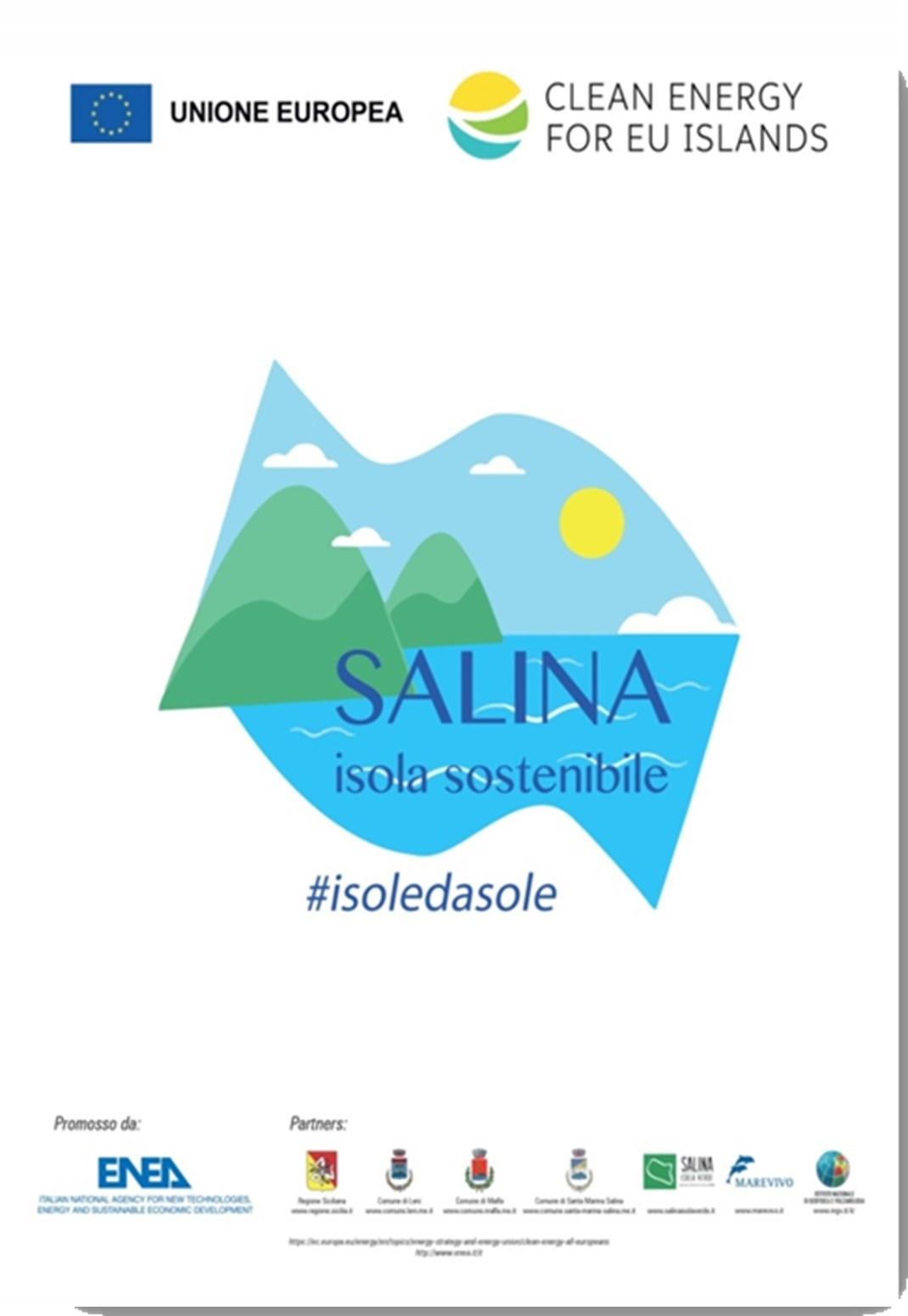 Il logo di Salina isola sostenibile sormontato dai loghi della Commissione Europea e di Clean Energy for EU Island. In basso i loghi degli altri enti promotori della manifestazione tra i quali quello di ENEA