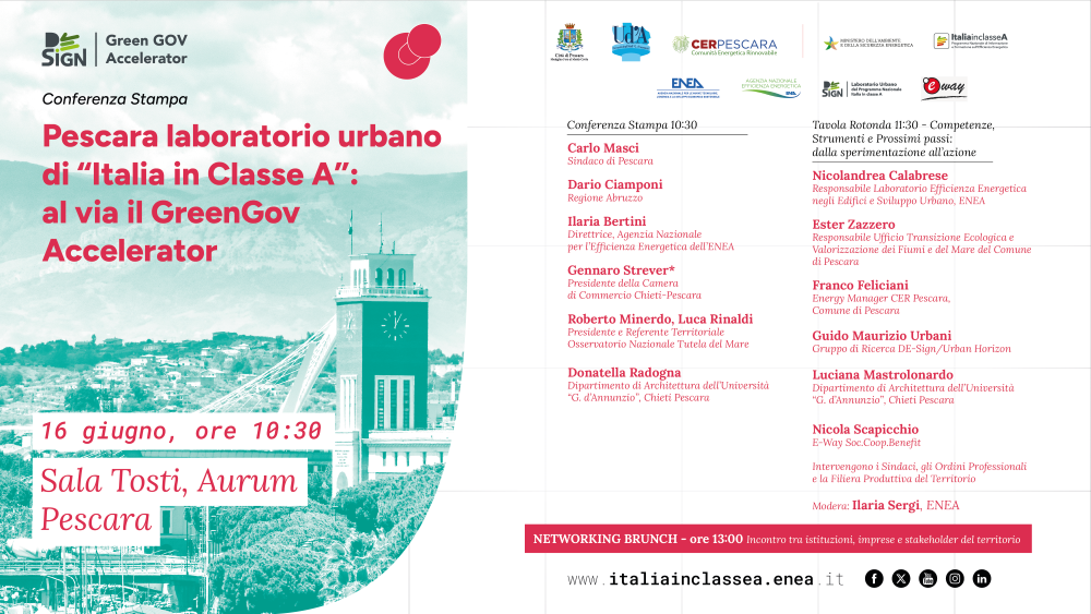 Locandina della conferenza stampa “Pescara laboratorio urbano di Italia in Classe A: al via il GreenGov Accelerator”, in programma il 16 giugno alle ore 10:30 presso la Sala Tosti dell’Aurum di Pescara, con tavola rotonda e networking brunch.