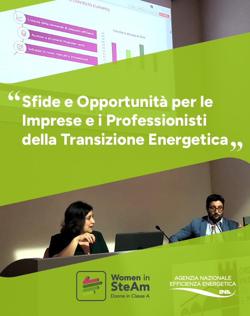 Un'immagine dell'intervento di Ilaria Sergi seminario Transizione Energetica e Competenze STEM: leve strategiche per la competitività con i loghi di Woman in Steam e dell'Agenzia Nazionale per l'Efficienza Energetica dell'ENEA