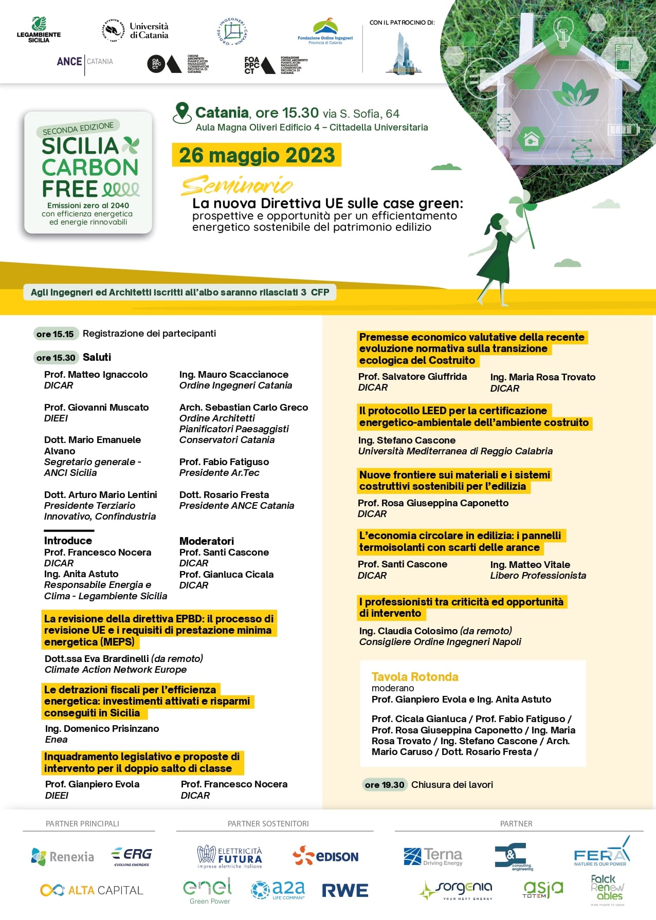 La locandina del seminario "La nuova direttiva UE sulle case green: prospettive e opportunità per un efficientamento energetico sostenibile del patrimonio edilizio" in programma il 26 maggio a Catania. Sopra il logo del ciclo "Sicilia Carbon Free - Seconda edizione", i loghi di Legambiente Sicilia in collaborazione con ANCE Catania, Università di Catania, Ordine degli Ingegneri e Ordine degli Architetti Pianificatori Paesaggisti Conservatori della Provincia di Catania