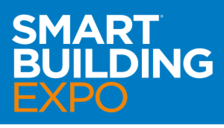 Il logo di Smart Building EXPO in bianco e arancione su sfondo blu