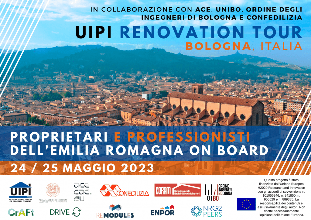 La locandina di UIPI Renovation Tour con la scritta sottostante "Proprietari e professionisti dell'Emilia Romagna on Board" e i loghi dei soggetti promotori