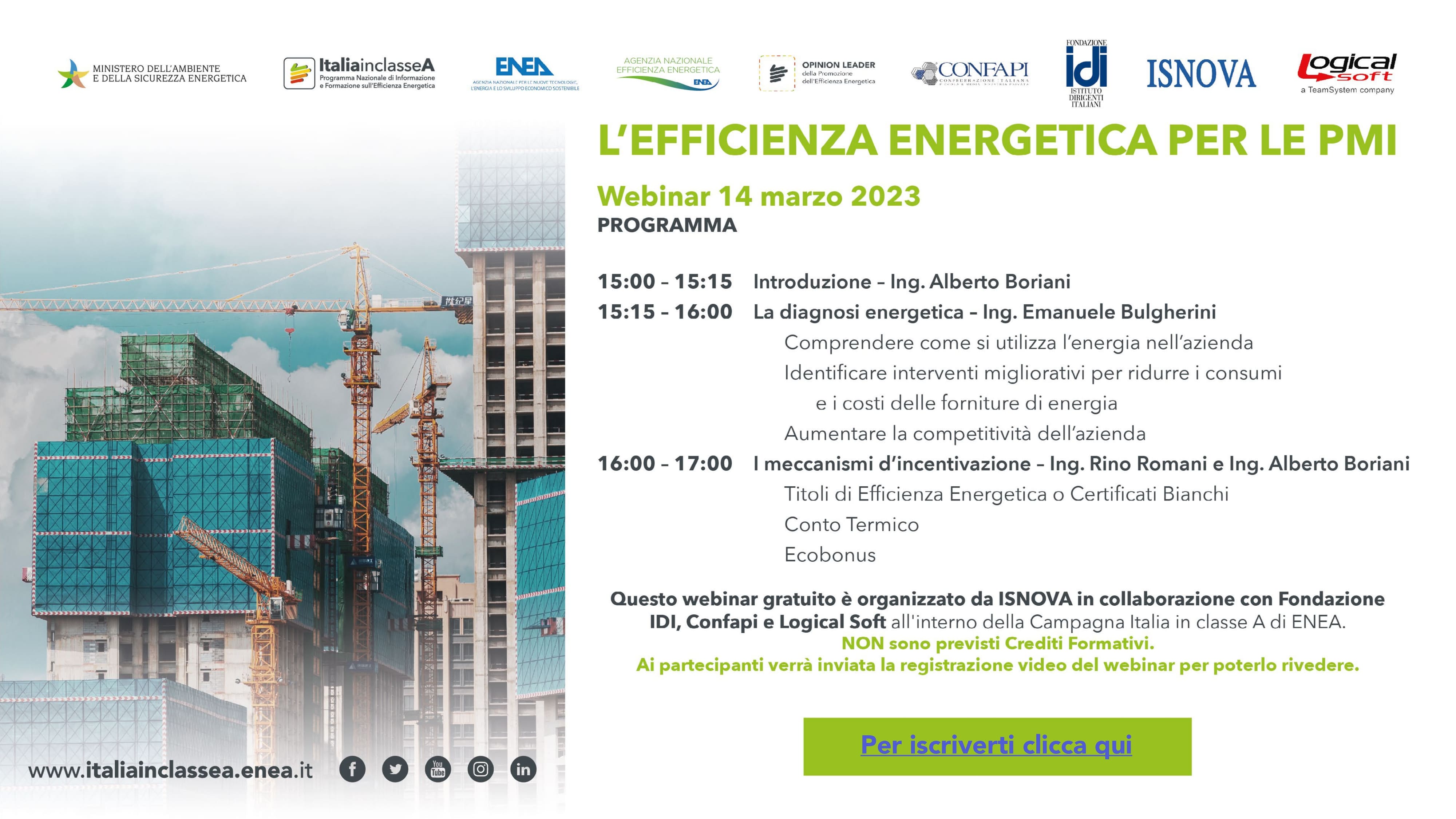 La locandina dell'evento del 14 marzo 2023 "L'efficienza energetica per le PMI" con i loghi MASE, Italia in Classe A, ENEA, Confapi, Fondazione IDI, ISNOVA, Logical Soft 