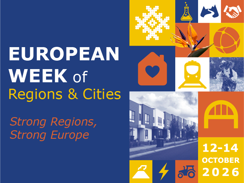 Locandina della European Week of Regions and Cities 2026. Sullo sfondo blu compaiono il titolo dell'evento, il motto “Strong Regions, Strong Europe” e la data 12-14 ottobre 2026. A destra sono presenti riquadri colorati con simboli e immagini che richiamano innovazione, territorio, mobilità sostenibile, ambiente e cooperazione.