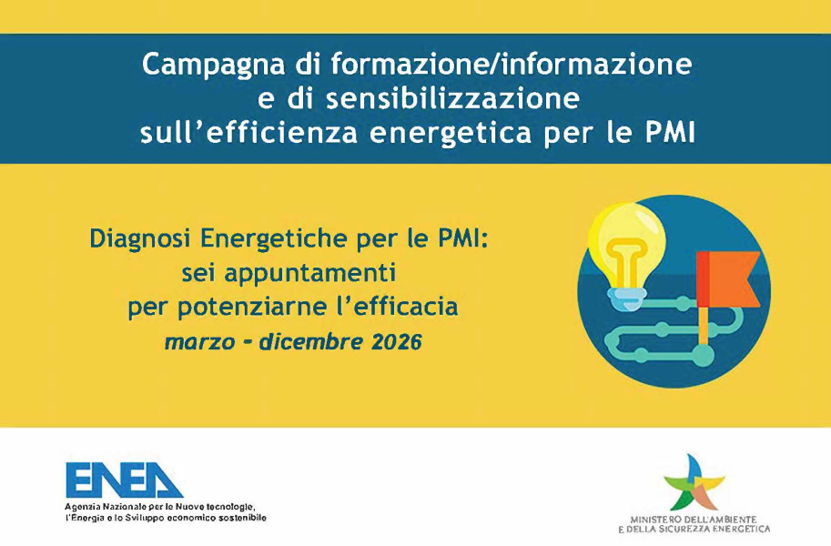 L'immagine di presentazione della Campagna di formazione/informazione e sensibilizzazione sull'efficienza energetica delle PMI in blu e in giallo con i loghi di ENEA e MASE