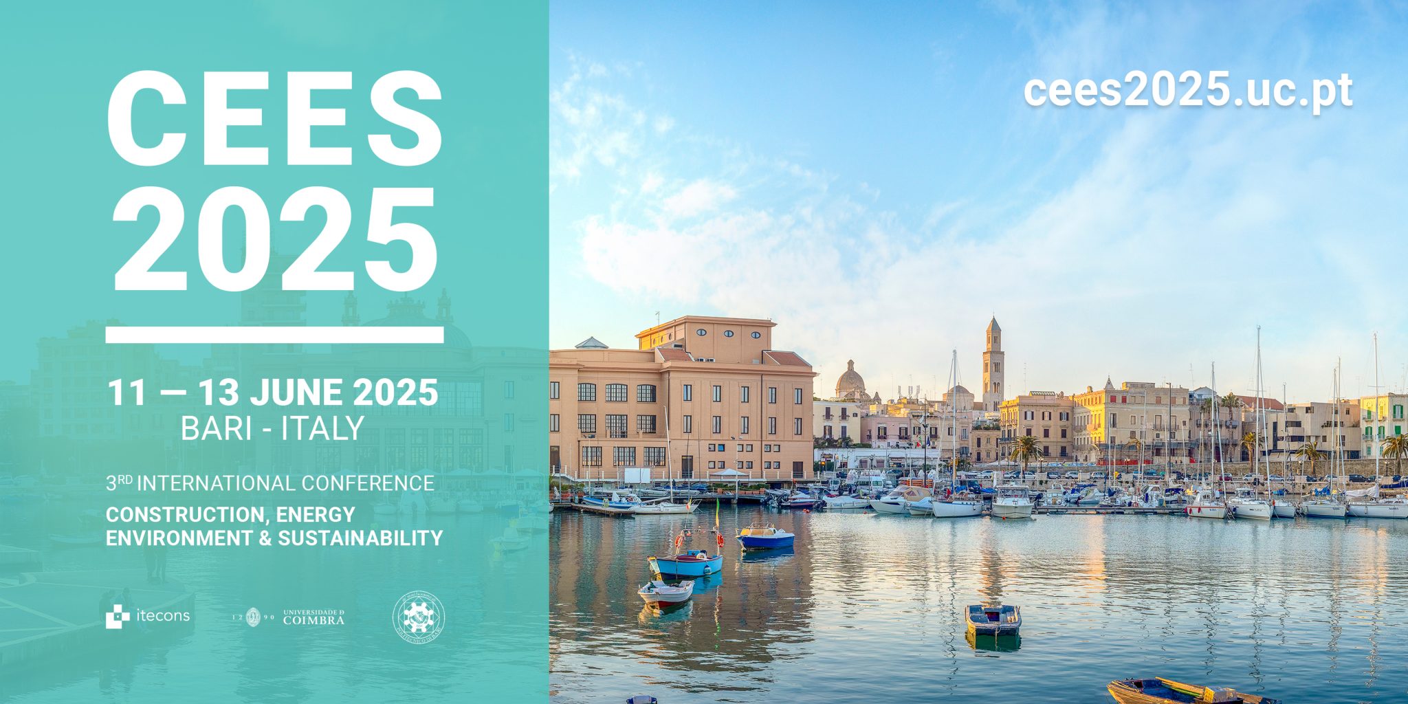 La locandina della conferenza internazionale CEES 2025 con la data 11 - 13 giugno e uno scorcio della città di Bari, sede dell'evento