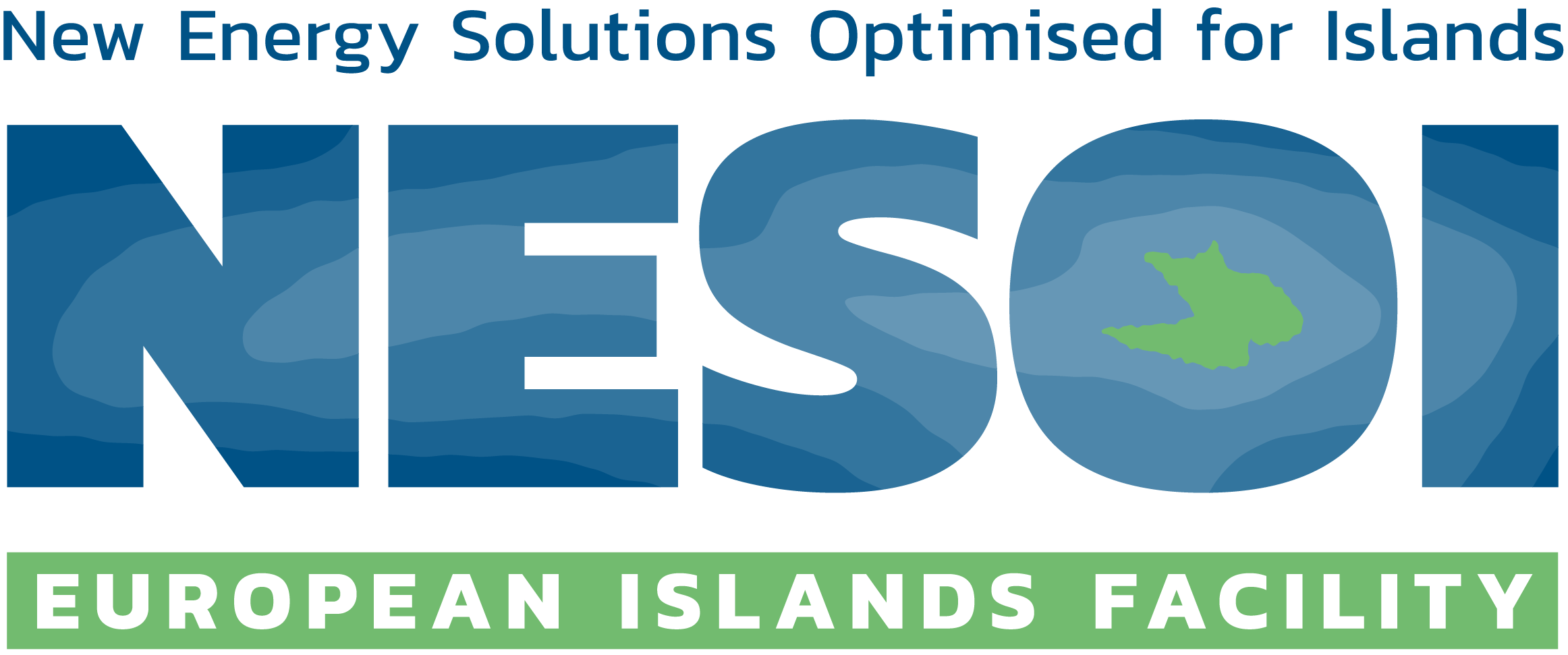 Il logo dell’iniziativa europea NESOI (New Energy Solutions Optimized for Islands) con la scritta in blu e in verde 