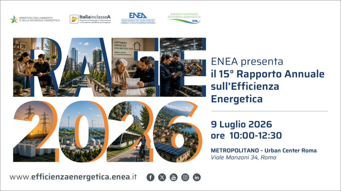 Locandina ENEA per la presentazione del 15° Rapporto Annuale sull’Efficienza Energetica. Titolo “RAEE 2026”. Evento il 9 luglio 2026, dalle 10:00 alle 12:30, presso il Metropolitano Urban Center Roma, Viale Manzoni 34. Presenti i loghi del Ministero dell’Ambiente, Italia in Classe A ed ENEA.