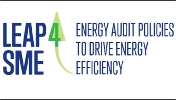 Il logo del progetto LEAP4SME in blu su sfondo bianco, affiancato dalla scritta Energy Audit Policies to drive energy efficiency