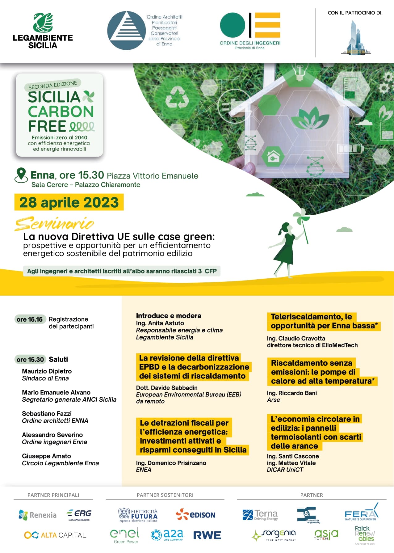 Il programma del seminario in programma a Enna il 28 aprile 2023 con i loghi di Legambiente Sicilia, Ordine degli Architetti Pianificatori Paesaggisti Conservatori della Provincia di Enna e Ordine degli Ingegneri della Provincia di Enna